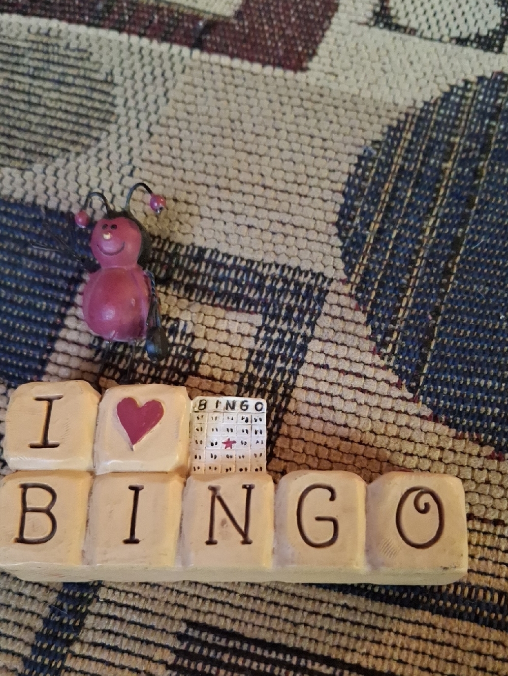I Love Bingo Decorative Tile Sign - Beige with Pink Accent Ladybug